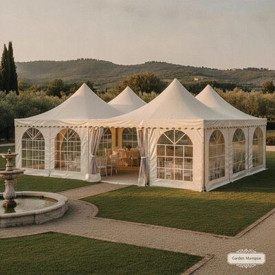 comprar Elegante Jardín Fiesta Tienda de Marquee Cuadro de aluminio Crema Canopy marfil Ventanas panorámicas Villa italiana Recepción al aire libre Fabricación en línea