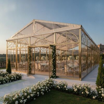Luxury Wedding Reception Party Marquee Tent Tempered Glass Wall Champagne Gold Frame Elegant European Venue Canopy Structure