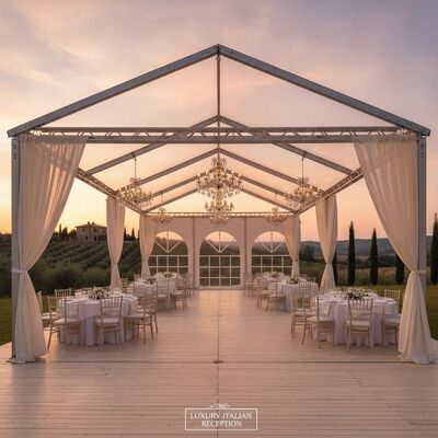 Lujo de la boda italiana carpa de la carpa de la carpa de aluminio marco de marfil cortina de candelabros Toscana campo lugar de recepción