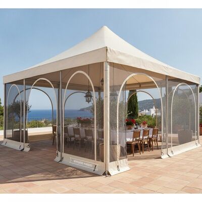 Carpa de aluminio ventilada para fiestas, carpa con paredes laterales de malla para cenas de eventos al aire libre en el Mediterráneo español
