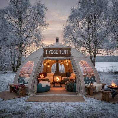 Hygge danés Acogedor evento fiesta carpa de carpa Tienda aislada Atmosfera cálida Diseño para Dinamarca Reuniones sociales al aire libre