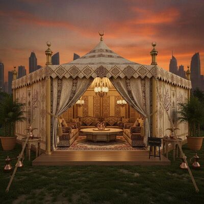 Royal Majlis estilo de recepción de hospitalidad árabe tienda de campaña Premium de acabado artesanal para reuniones VIP de negocios de los Emiratos Árabes Unidos